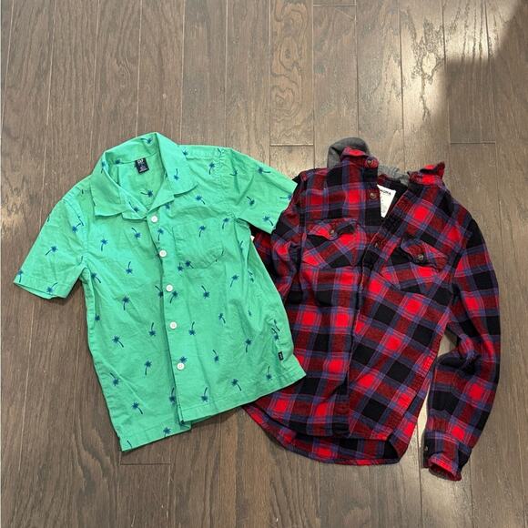 Set of 2 Boys’ Small Button-Down Shirts‎ – Green Palm Trees & Red Plaid - Picture 1 of 2